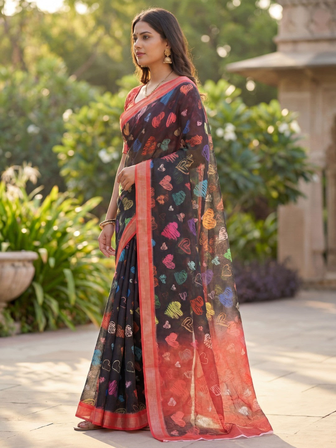 Black Abstract Printed Linen Party Wear Saree with Elegant Draping - Image 5