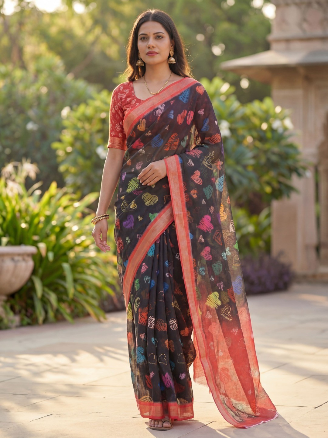 Black Abstract Printed Linen Party Wear Saree with Elegant Draping - Image 3