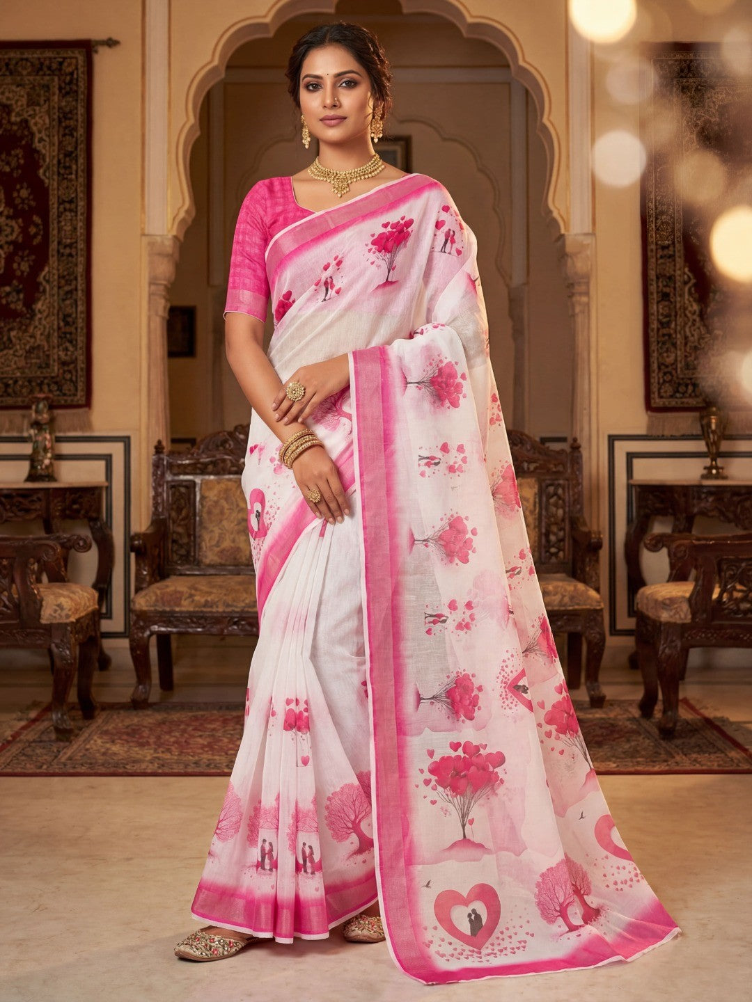 White & Pink Heart Printed Linen Party Wear Saree with Elegant Draping - Image 1