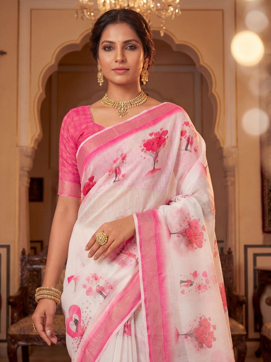 White & Pink Heart Printed Linen Party Wear Saree with Elegant Draping - Image 2