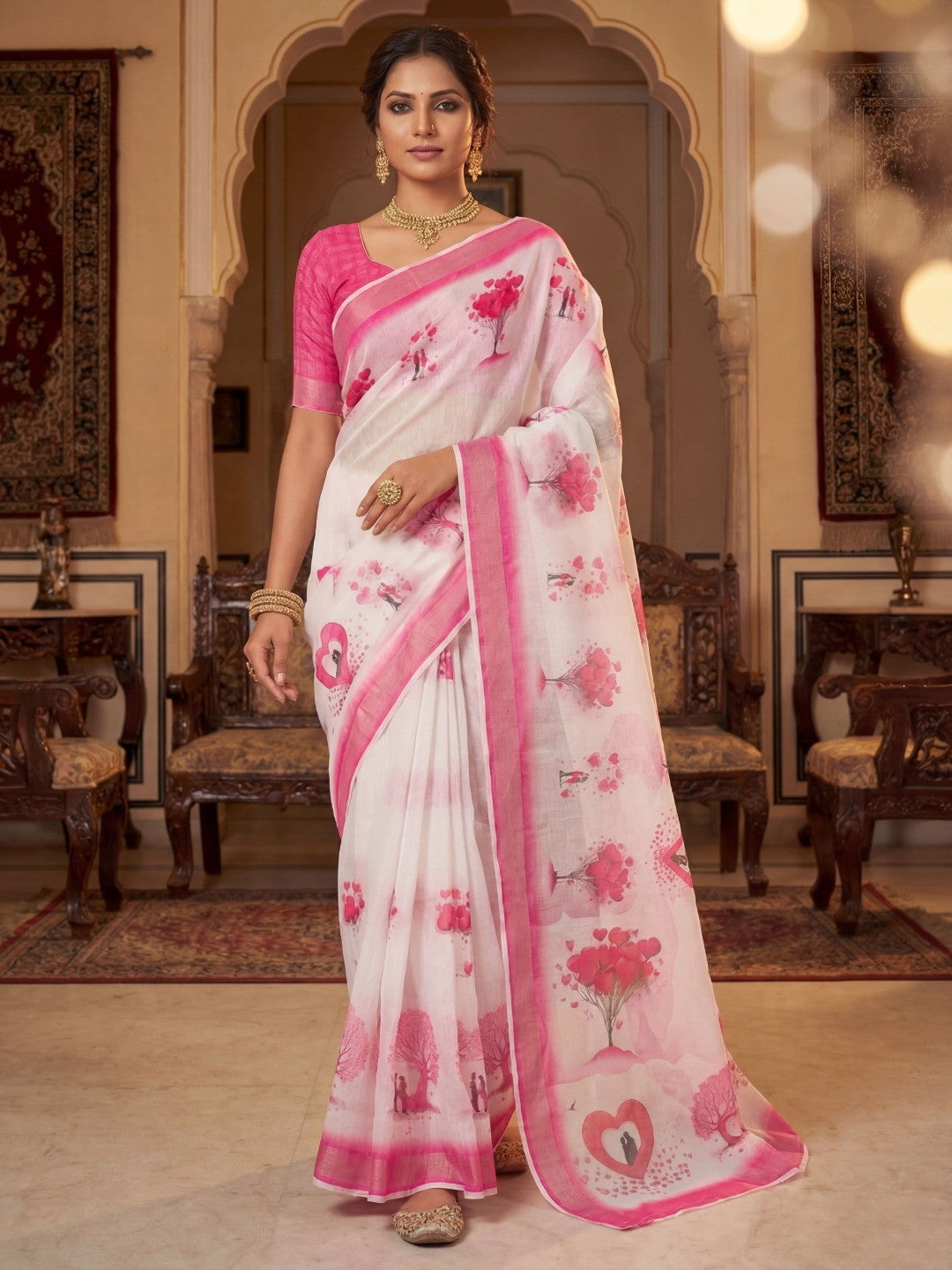 White & Pink Heart Printed Linen Party Wear Saree with Elegant Draping - Image 3