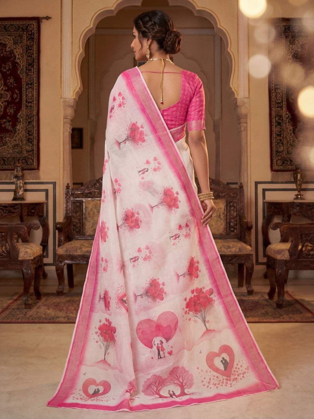White & Pink Heart Printed Linen Party Wear Saree with Elegant Draping - Image 4