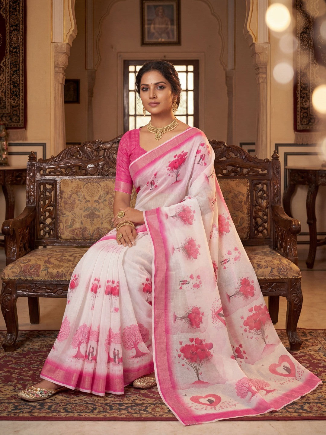 White & Pink Heart Printed Linen Party Wear Saree with Elegant Draping - Image 5