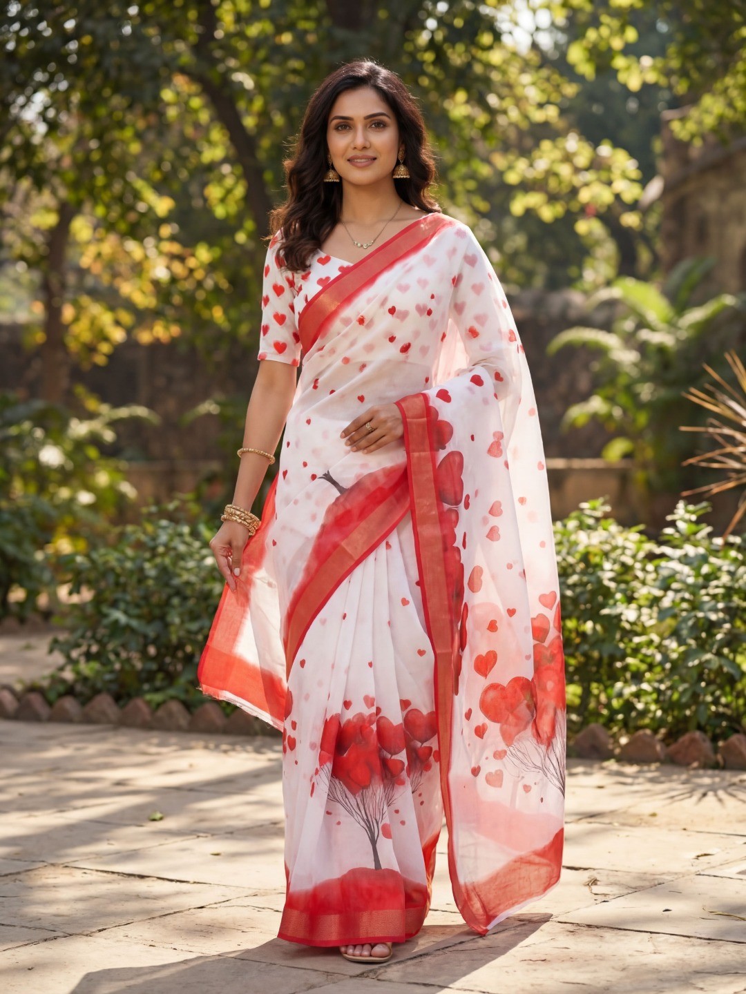 White & Red Heart Printed Linen Party Wear Saree with Elegant Draping - Image 1