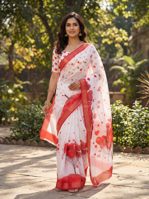 White & Red Heart Printed Linen Party Wear Saree with Elegant Draping - Image 1