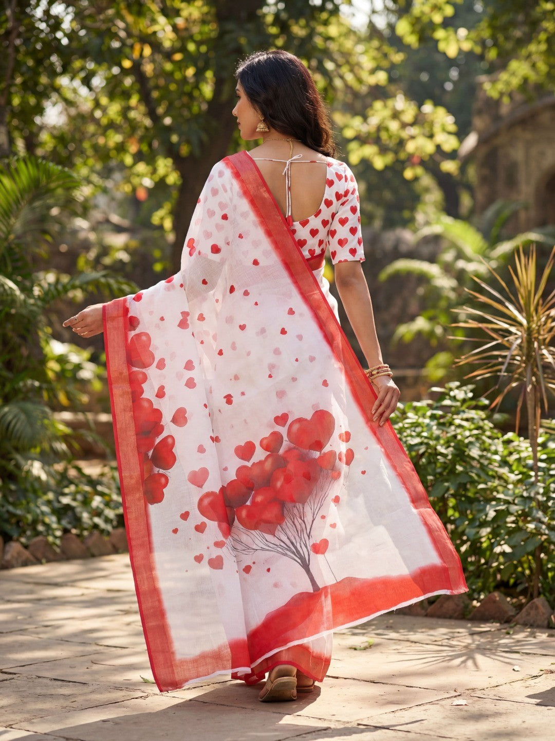 White & Red Heart Printed Linen Party Wear Saree with Elegant Draping - Image 3
