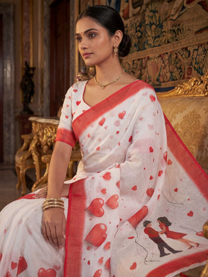 White & Red Heart Printed Linen Party Wear Saree with Contemporary Appeal - Image 2