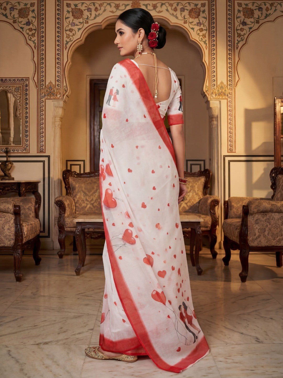 White & Red Heart Printed Linen Party Wear Saree with Contemporary Appeal - Image 3