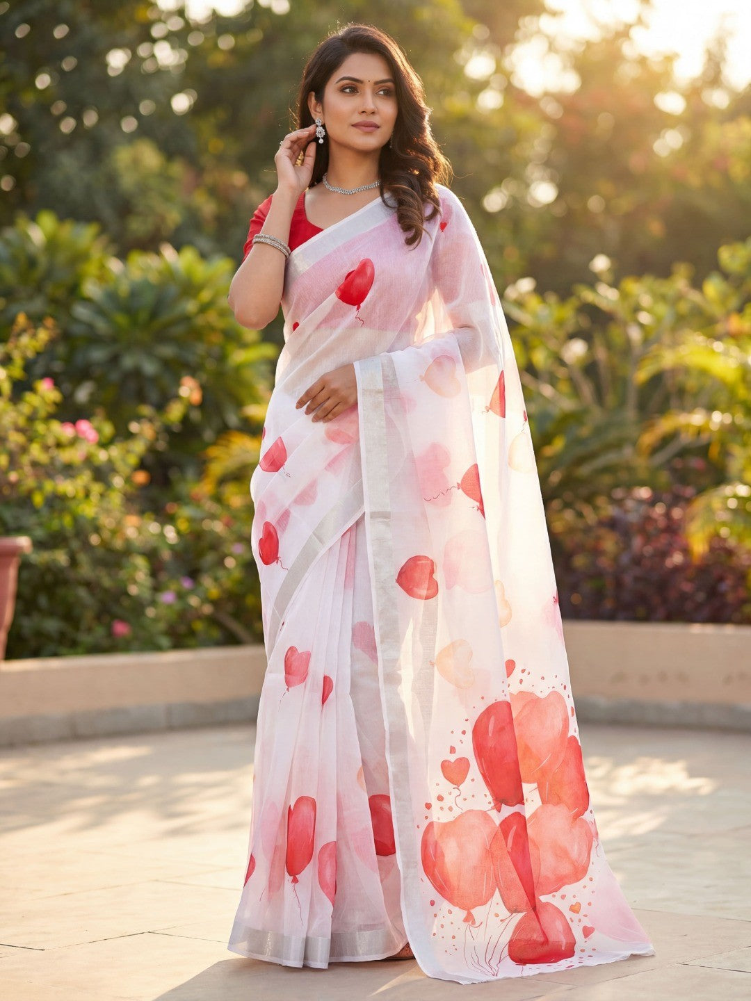 White & Red Heart Printed Linen Saree with Sophisticated Party Look - Image 1