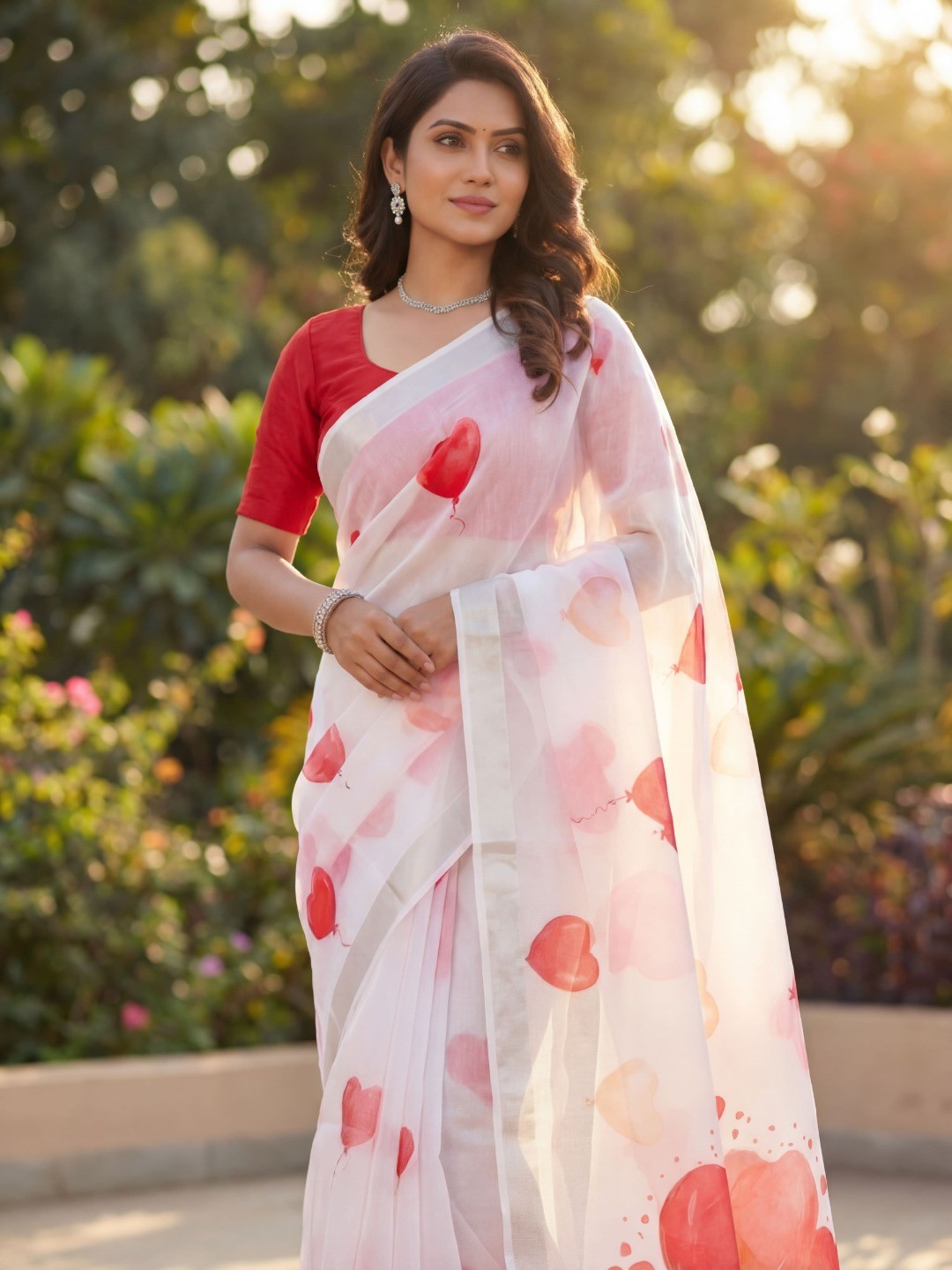 White & Red Heart Printed Linen Saree with Sophisticated Party Look - Image 2