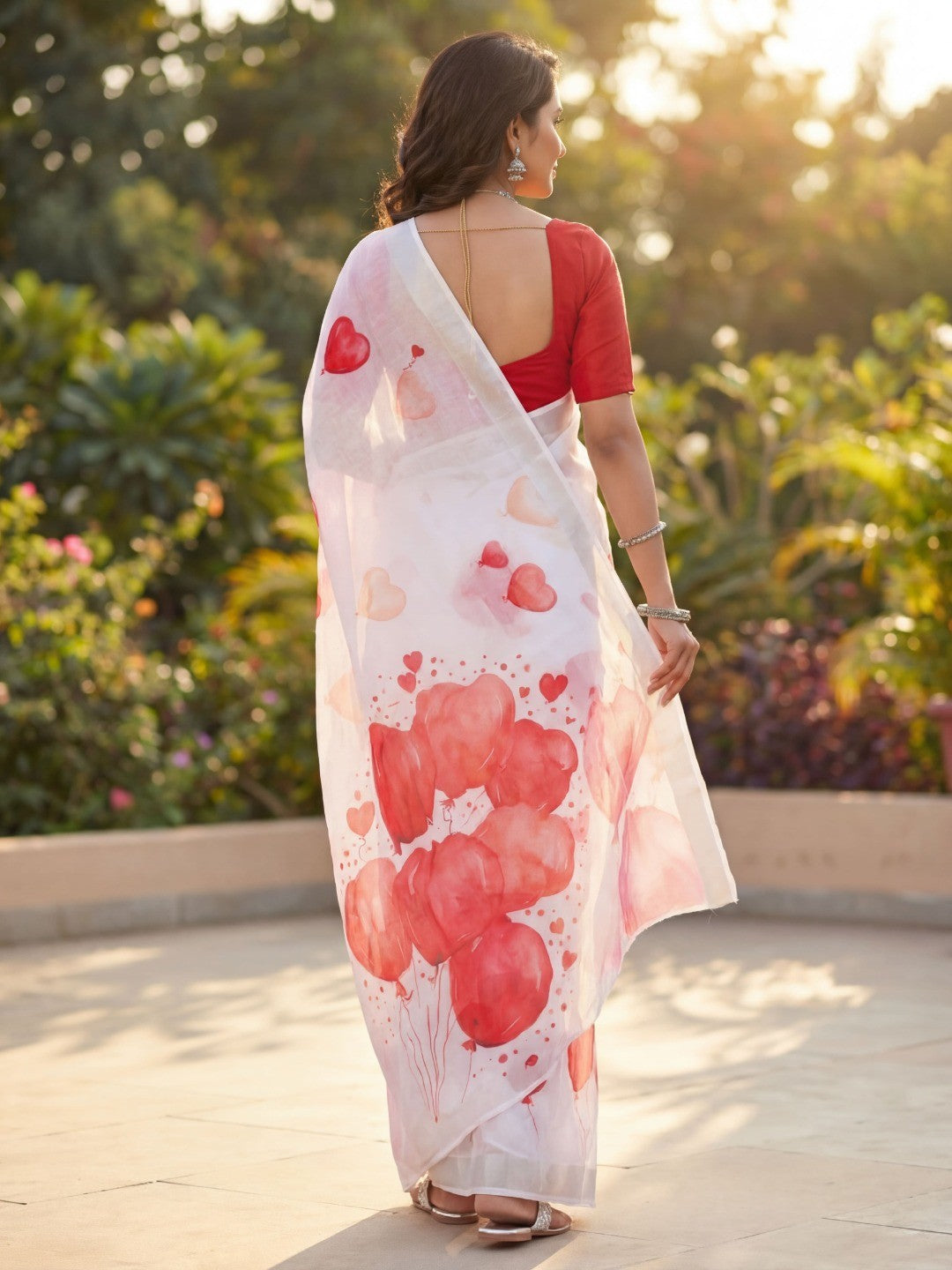 White & Red Heart Printed Linen Saree with Sophisticated Party Look - Image 3