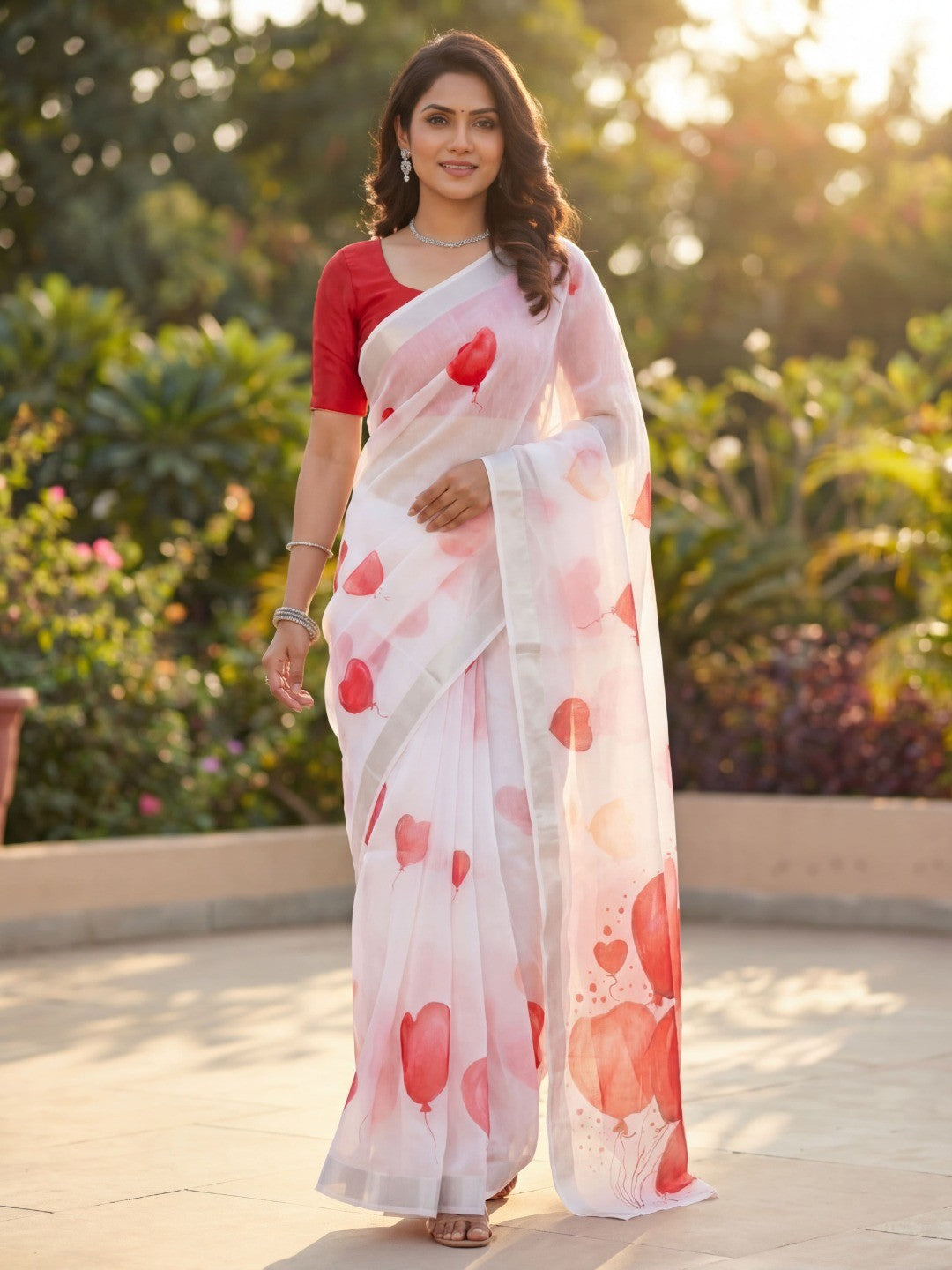 White & Red Heart Printed Linen Saree with Sophisticated Party Look - Image 5