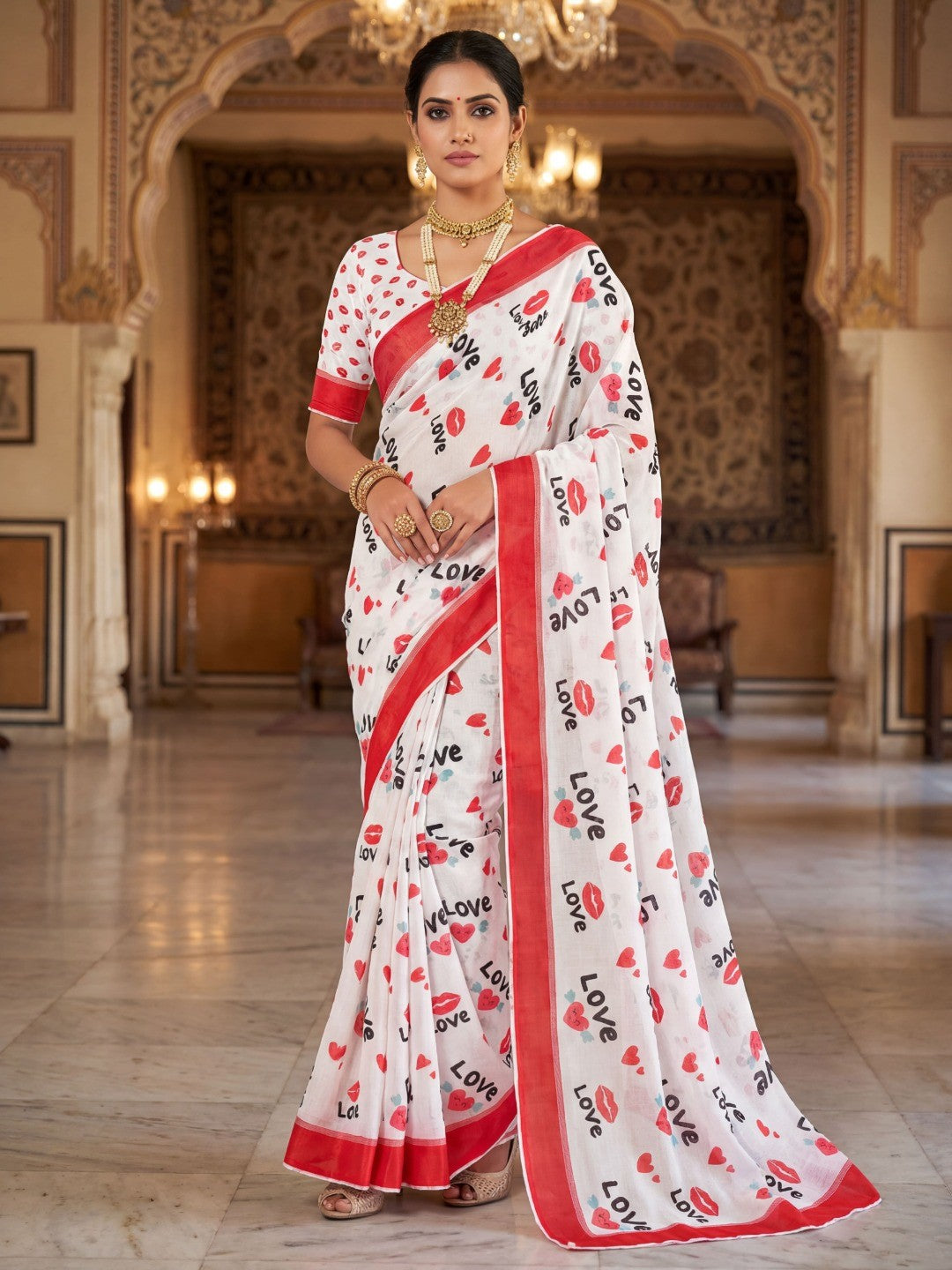 White & Red Abstract Printed Linen Saree with Sophisticated Party Look - Image 1