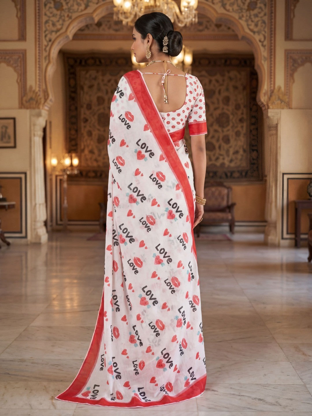 White & Red Abstract Printed Linen Saree with Sophisticated Party Look - Image 3