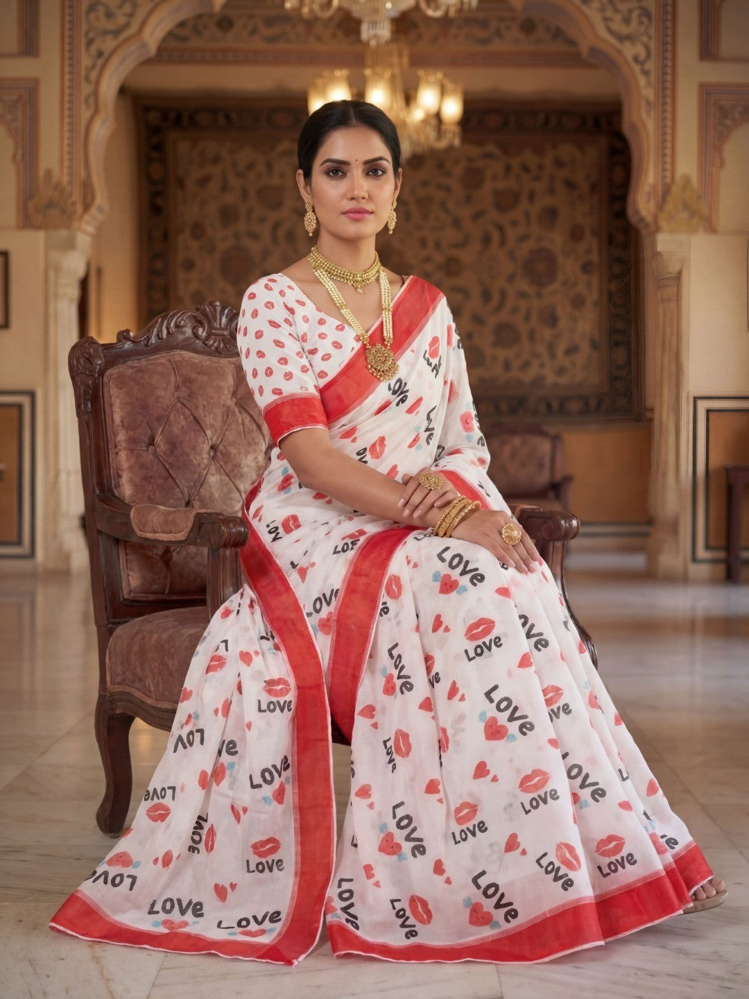 White & Red Abstract Printed Linen Saree with Sophisticated Party Look - Image 2