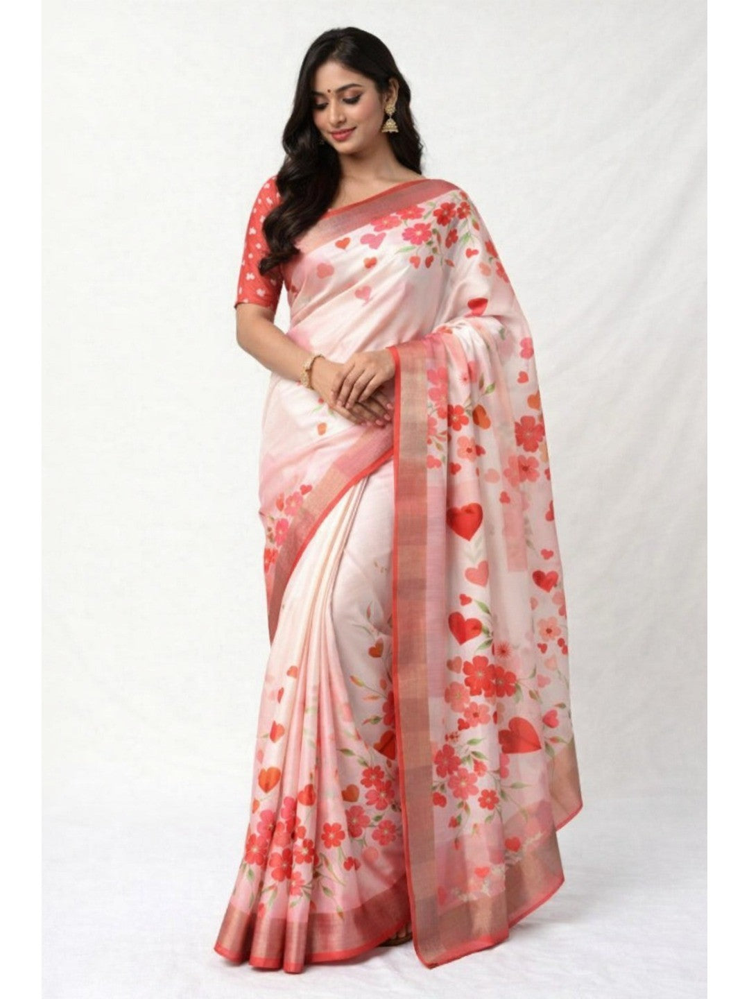 Elegant White Floral Printed Georgette Saree with Zari Border - Image 1