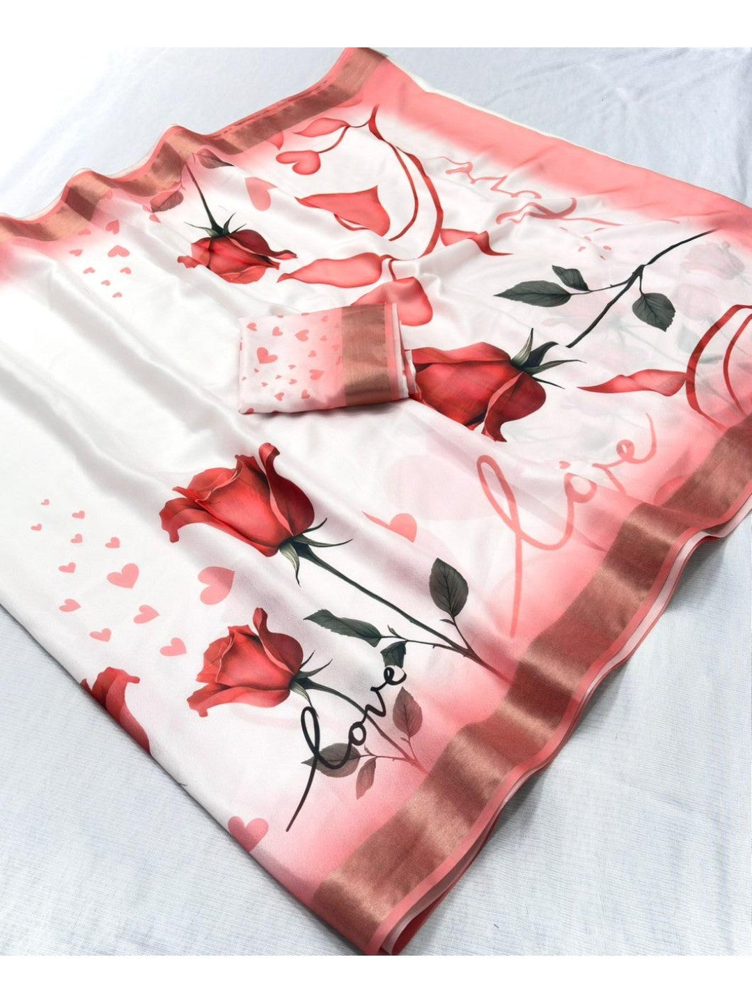 Elegant White & Red Floral Printed Georgette Saree with Zari Border - Image 3