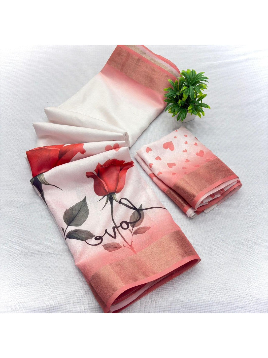 Elegant White & Red Floral Printed Georgette Saree with Zari Border - Image 2