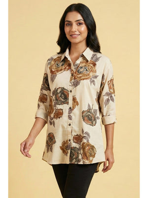 Cream Floral Printed Soft Rayon Straight-Cut Summer Top - Image 1