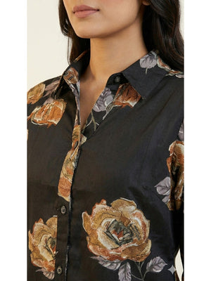 Black Floral Printed Soft Rayon Straight-Cut Summer Top - Image 2