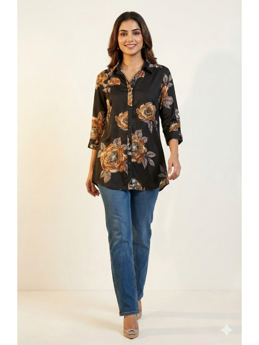 Black Floral Printed Soft Rayon Straight-Cut Summer Top - Image 3