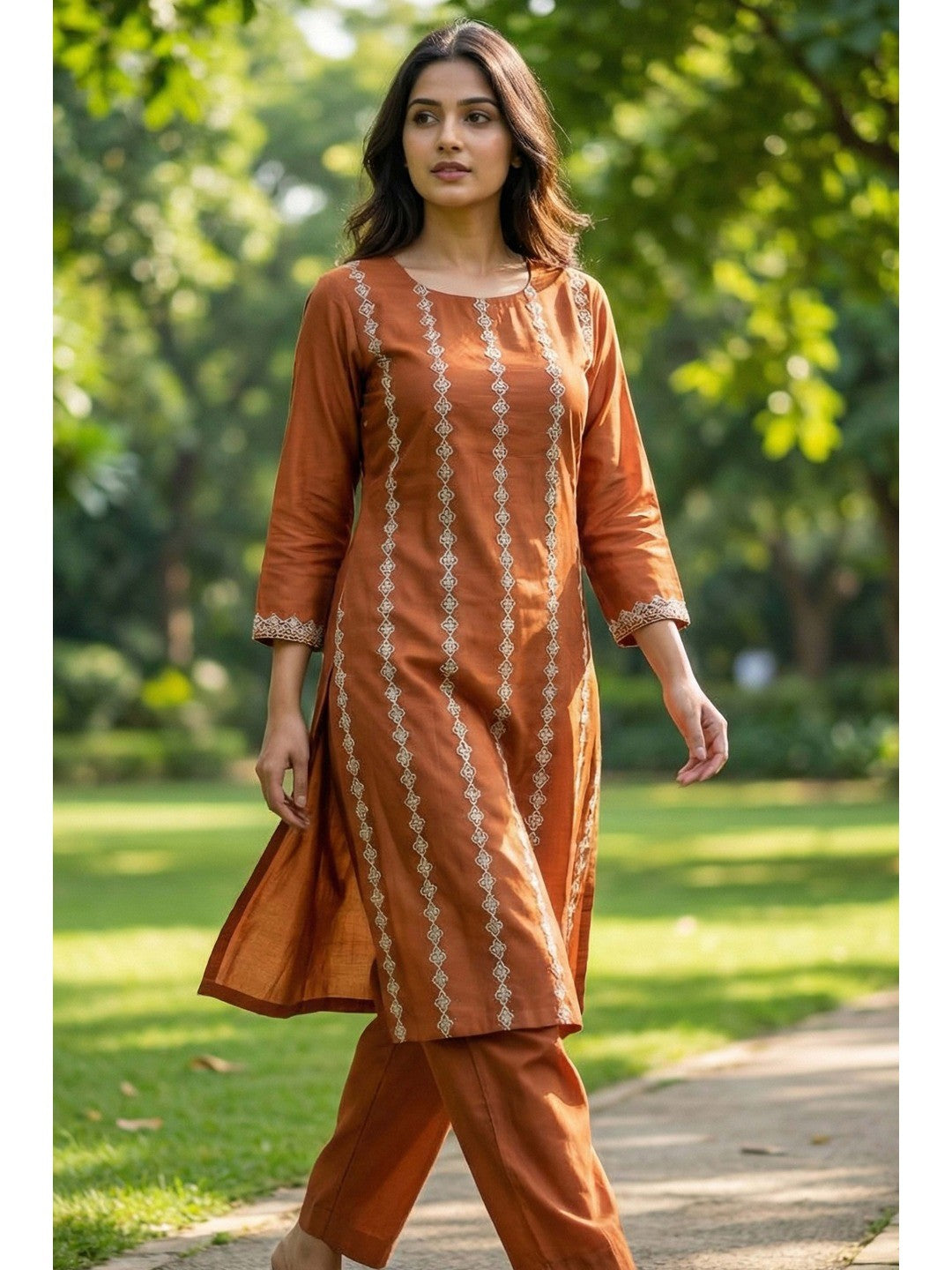 Elegant Rust Chanderi Silk Kurta Set with Delicate Embroidery - Image 2
