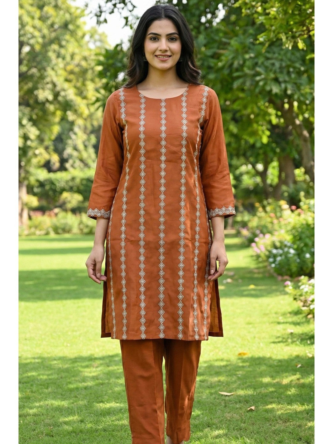 Elegant Rust Chanderi Silk Kurta Set with Delicate Embroidery - Image 4