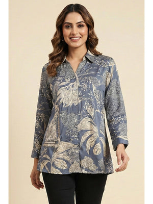 Blue Floral Print Soft Muslin Straight Silhouette Casual Top - Image 1