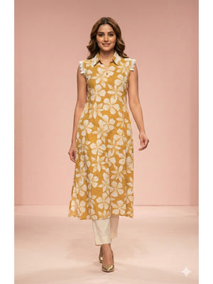 Mustard Floral Print Rayon A-Line Kurti with Elegant Design for Casual Outings - Image 1