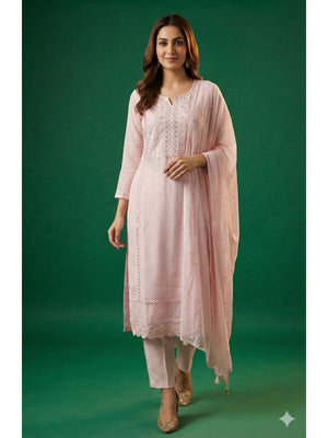 Baby Pink Floral Embroidered Straight Cut Salwar Suit with Smooth Viscose Blend Finish - Image 1