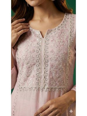 Baby Pink Floral Embroidered Straight Cut Salwar Suit with Smooth Viscose Blend Finish - Image 2