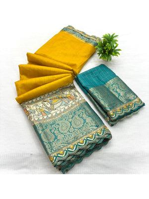 Mustard Floral Printed Dola Silk Saree With Sequins Border - Image 2
