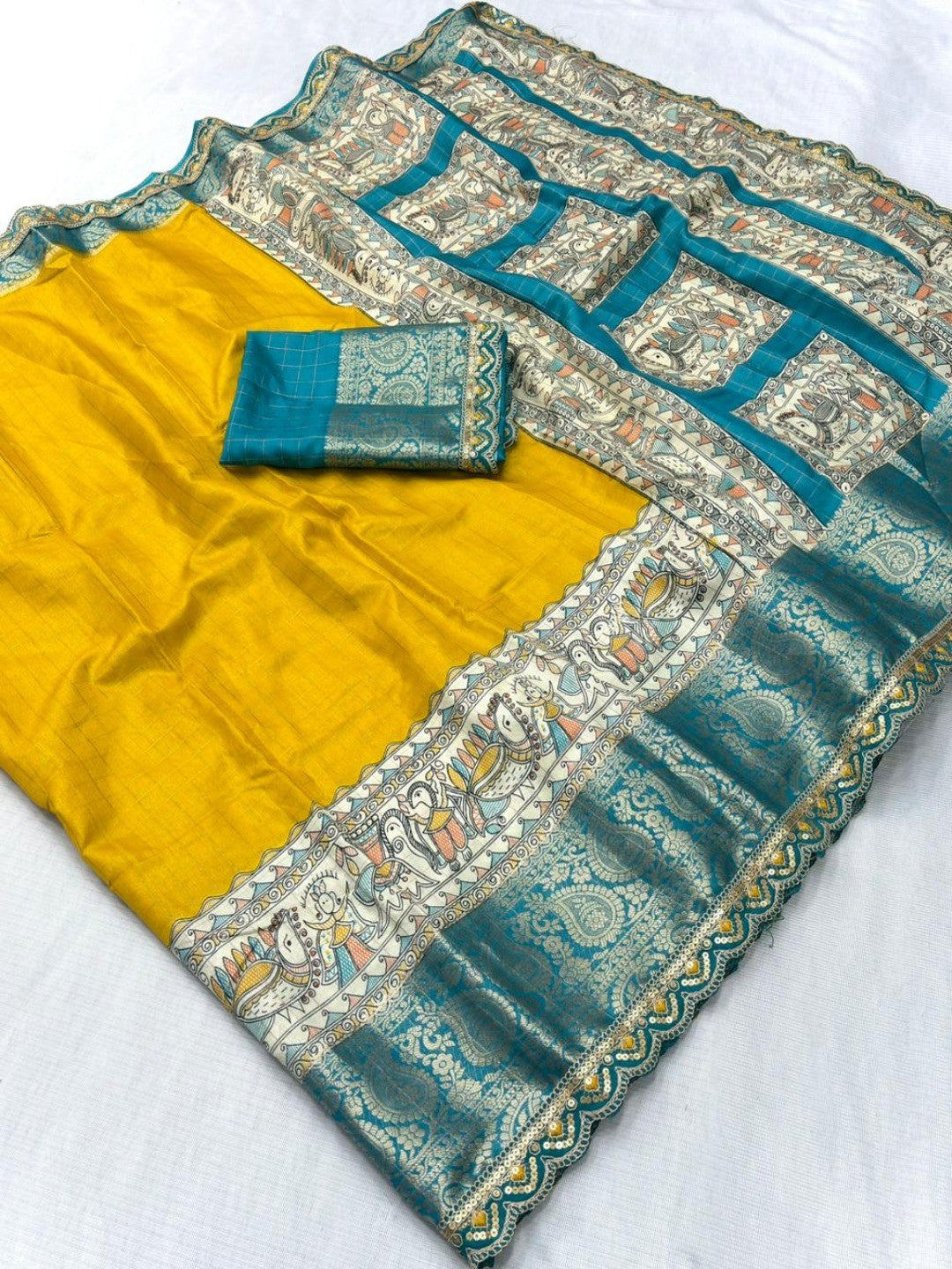 Mustard Floral Printed Dola Silk Saree With Sequins Border - Image 3