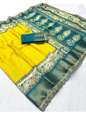 Lemon Yellow Floral Printed Dola Silk Saree With Sequins Border - Image 2