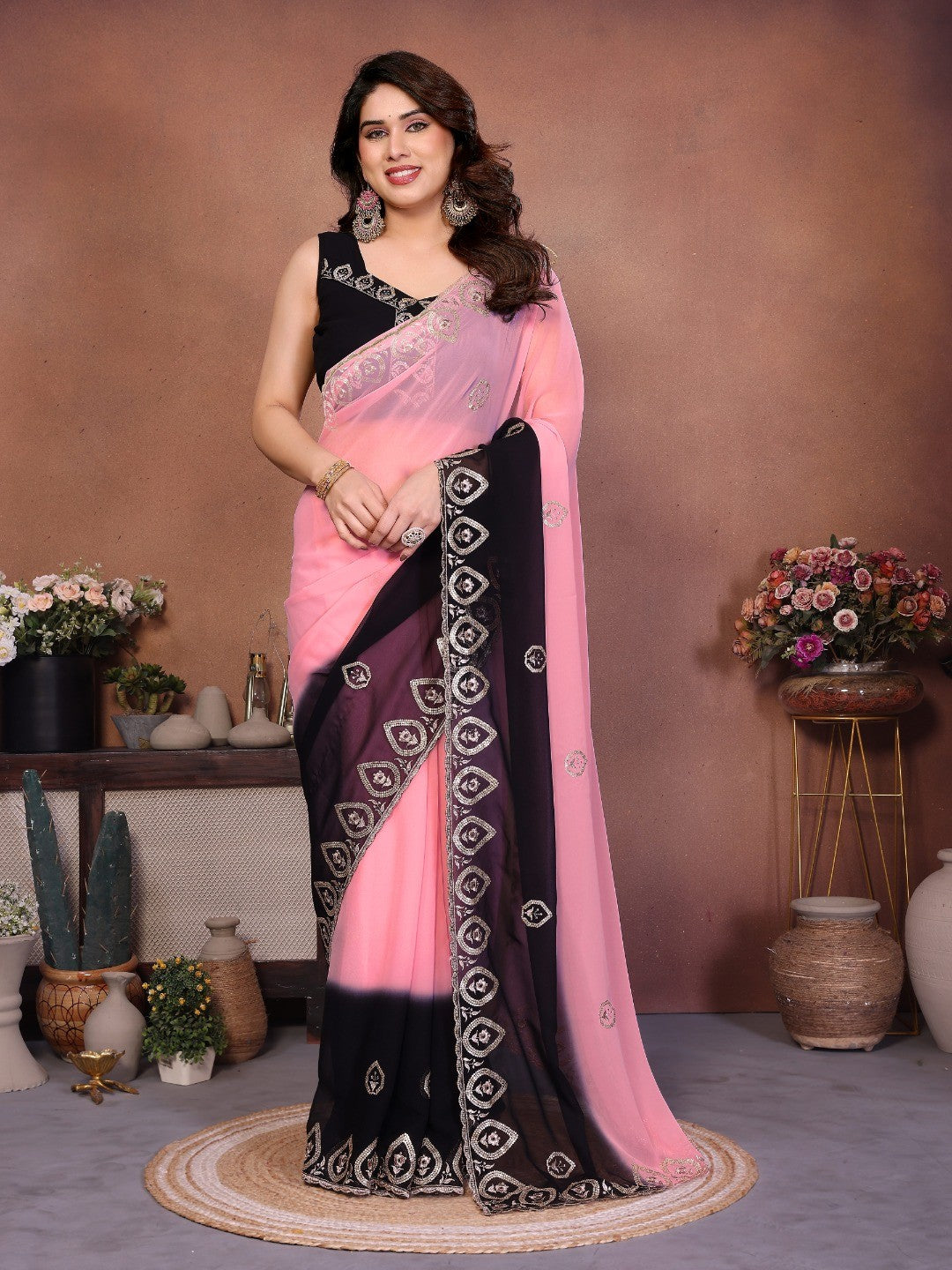 Soft Pink & Black Georgette Party Wear Saree with Designer Embroidered Border - Image 5