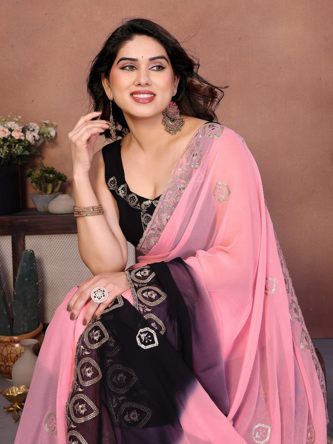 Soft Pink & Black Georgette Party Wear Saree with Designer Embroidered Border - Image 6