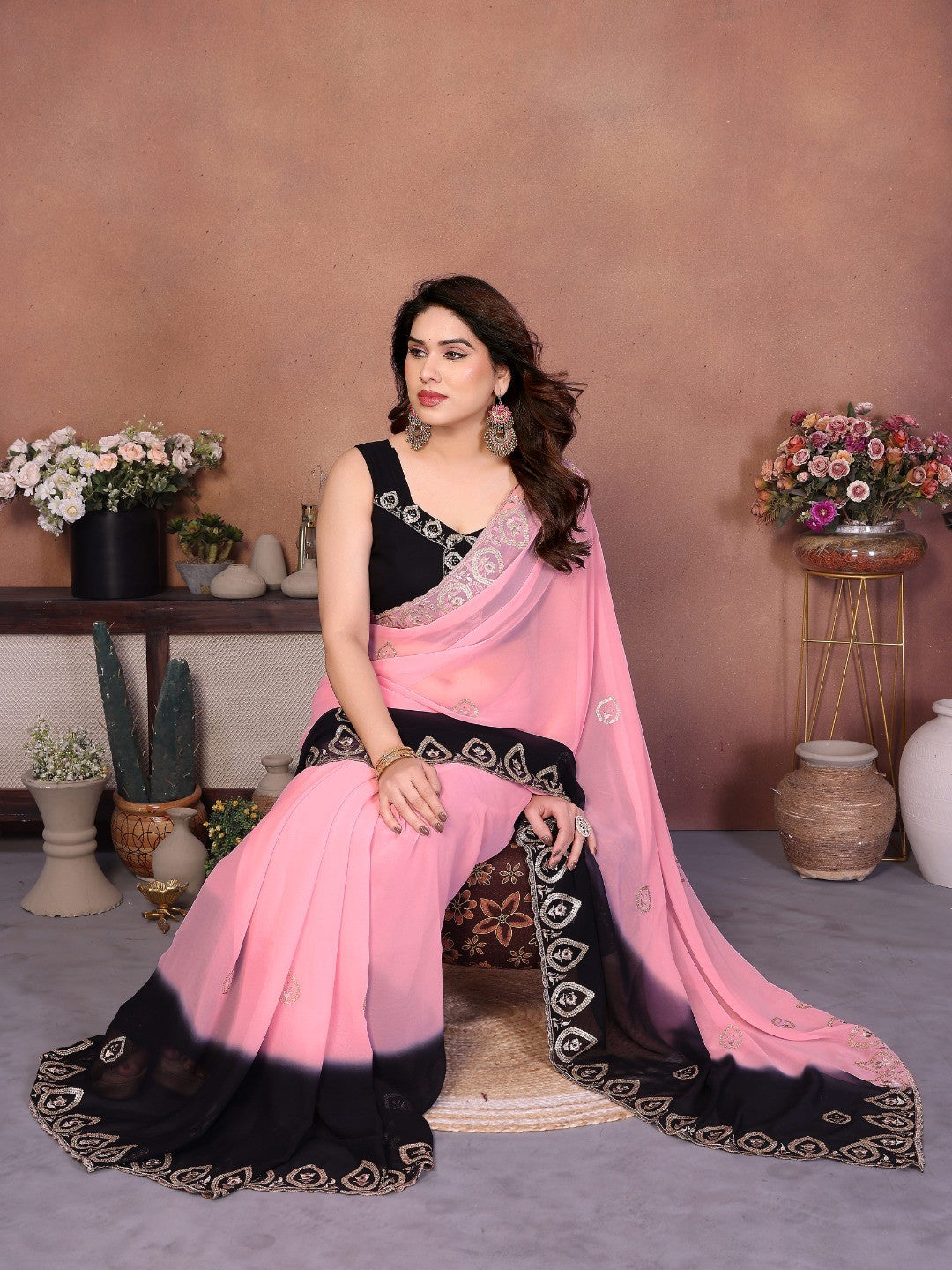 Soft Pink & Black Georgette Party Wear Saree with Designer Embroidered Border - Image 8