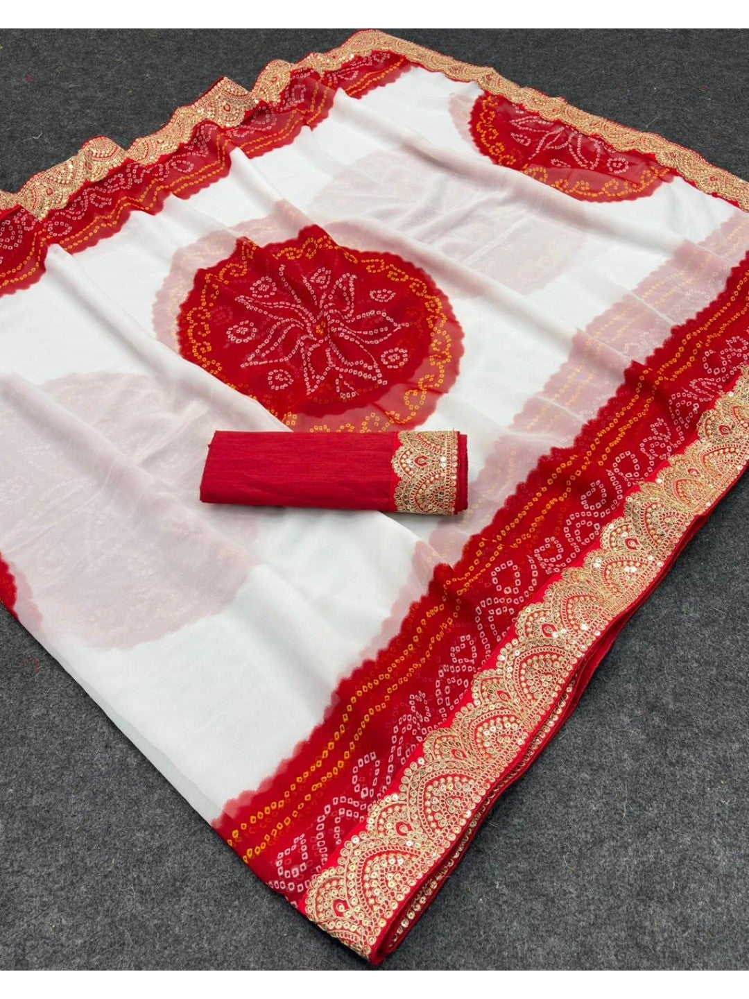 Elegant Red & White Bandhani Printed Georgette Saree with Sequins Border - Image 3
