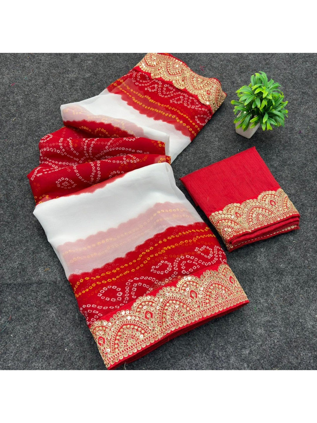 Elegant Red & White Bandhani Printed Georgette Saree with Sequins Border - Image 2
