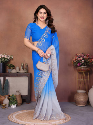 Blue & Grey Georgette Party Wear Saree with Designer Embroidered Border - Image 1