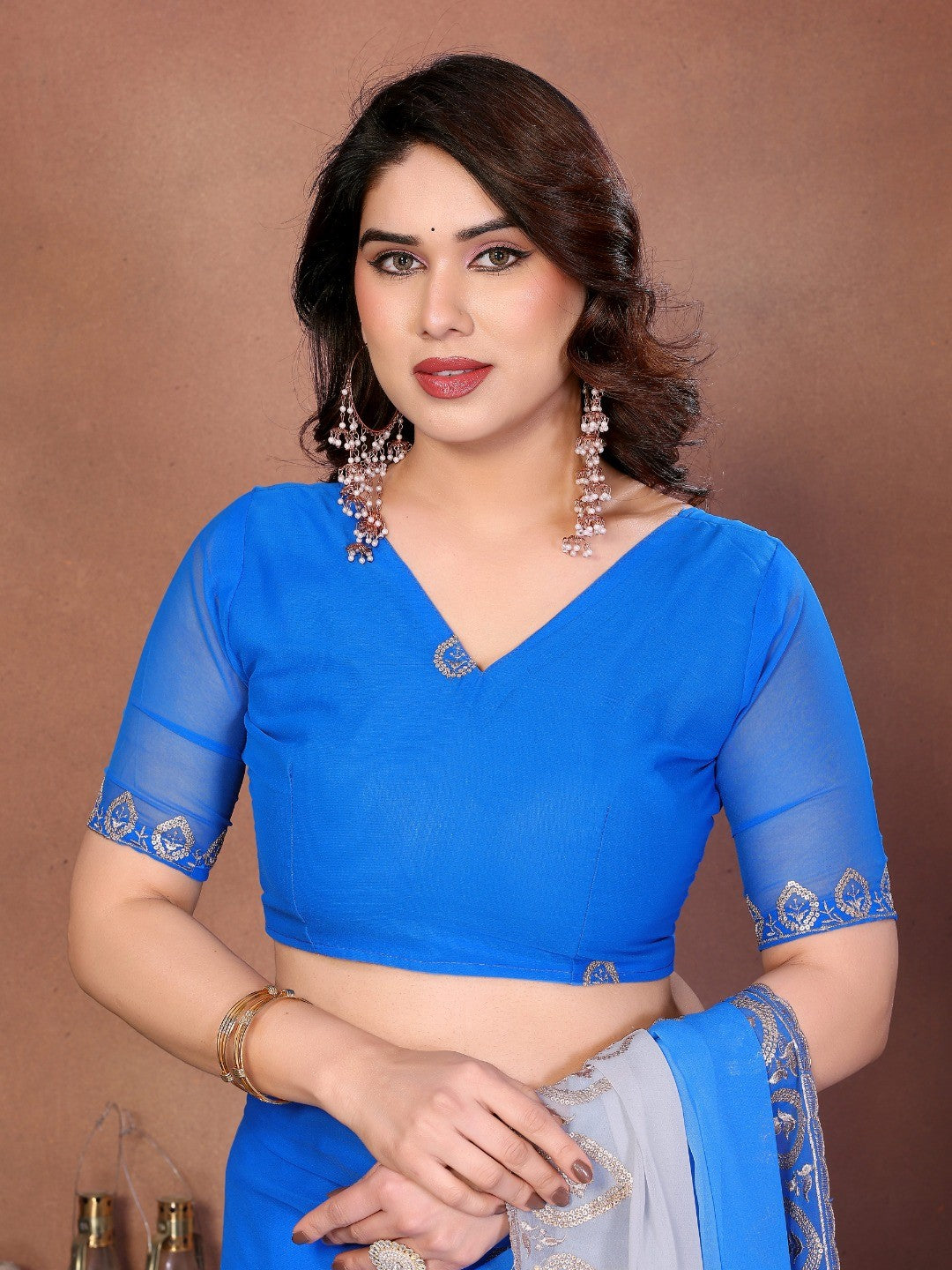 Blue & Grey Georgette Party Wear Saree with Designer Embroidered Border - Image 4