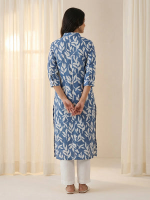 Blue Floral Printed Linen Straight Kurti with Minimalist Casual Style - Image 2