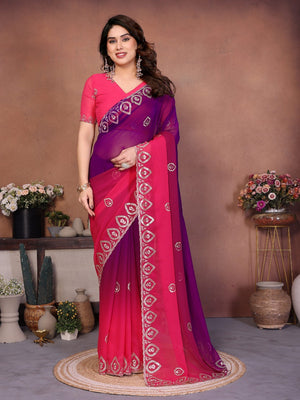 Magenta Georgette Party Wear Saree with Designer Embroidered Border - Image 1