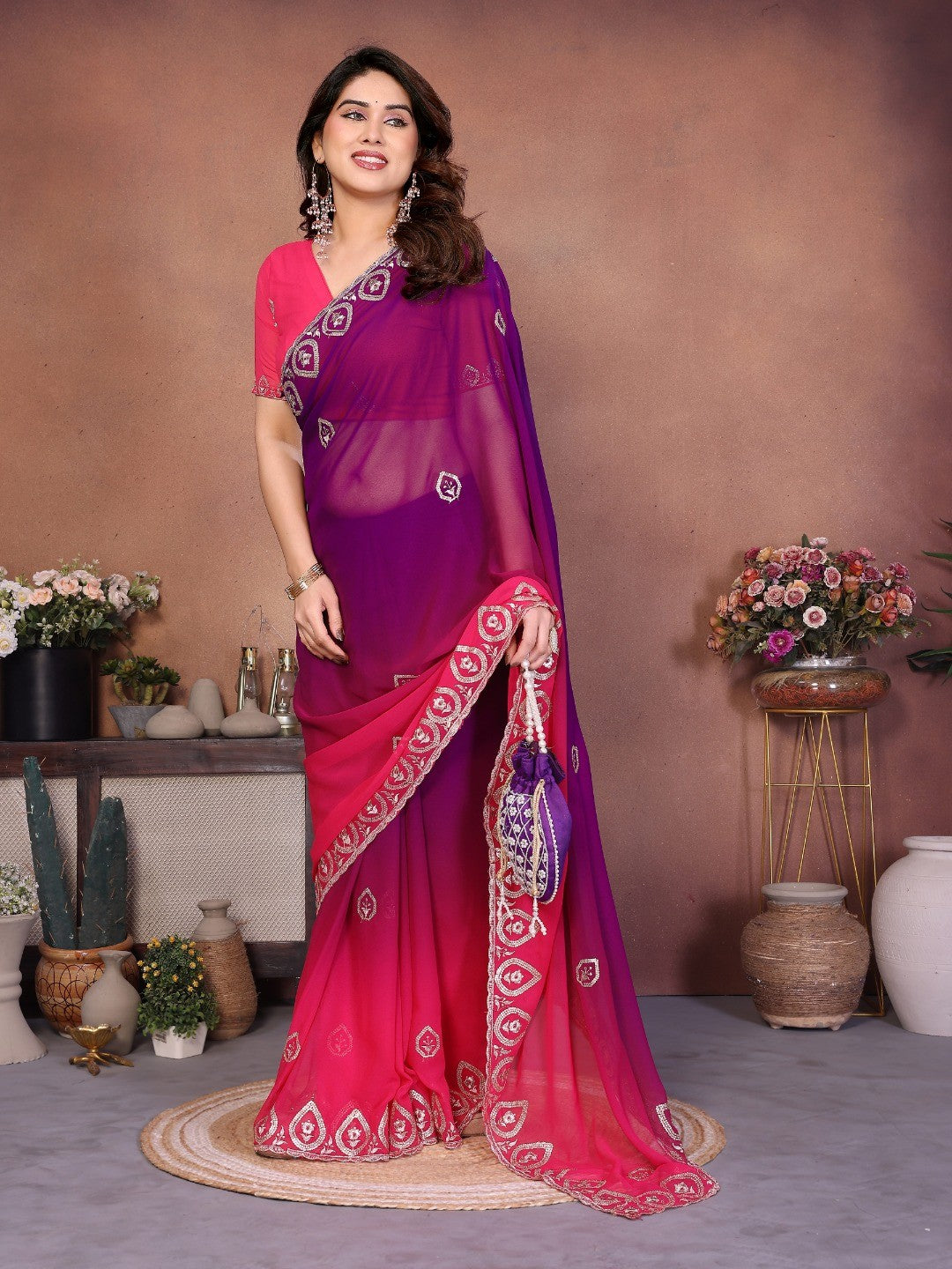 Magenta Georgette Party Wear Saree with Designer Embroidered Border - Image 2