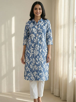 Blue Floral Printed Linen Straight Kurti with Minimalist Casual Style - Image 1