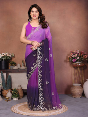 Purple Georgette Party Wear Saree with Designer Embroidered Border - Image 1