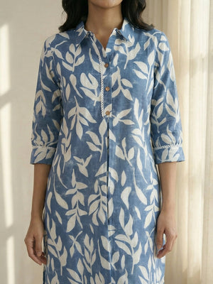 Blue Floral Printed Linen Straight Kurti with Minimalist Casual Style - Image 2
