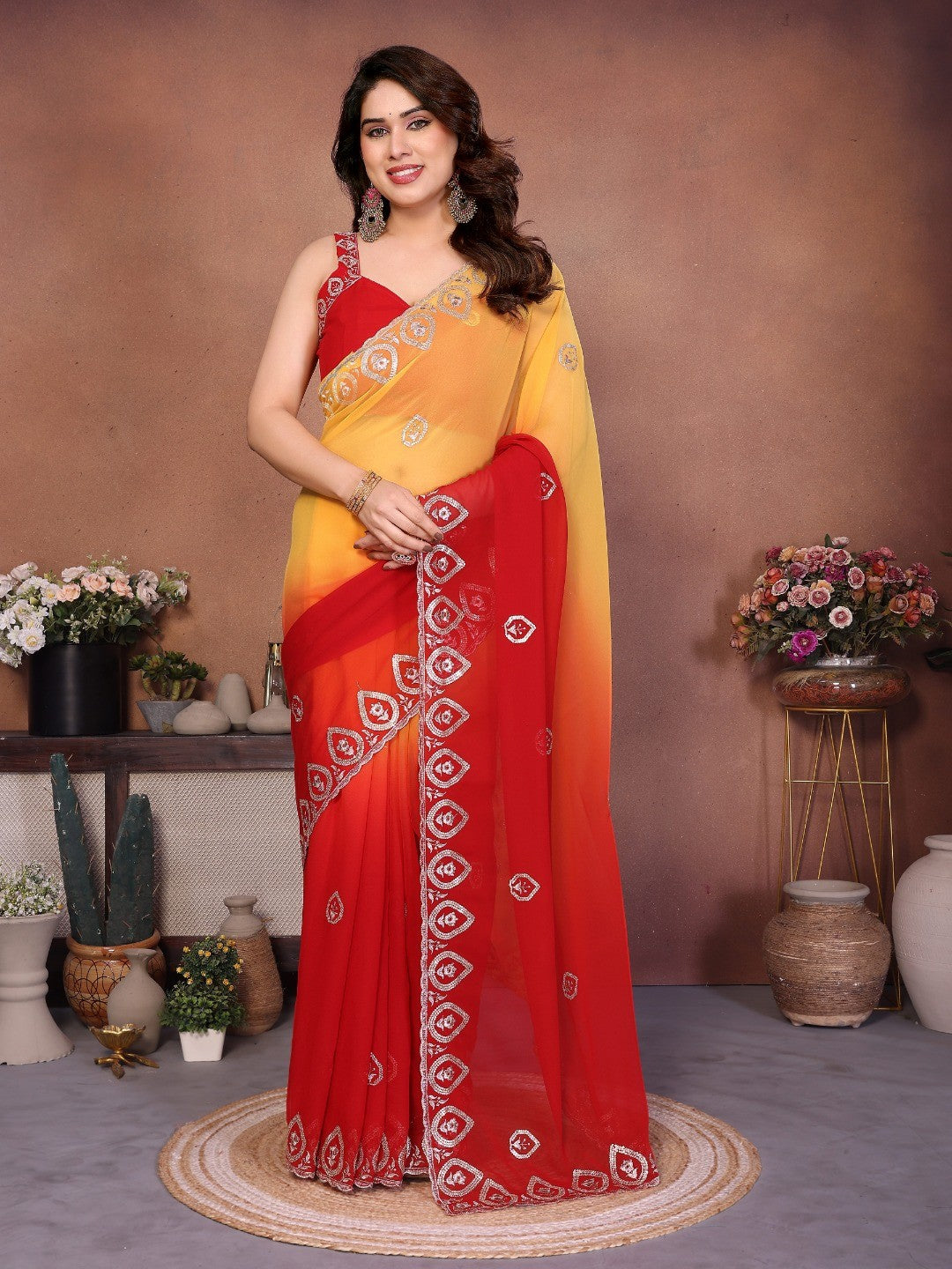 Red & Yellow Georgette Party Wear Saree with Designer Embroidered Border - Image 2