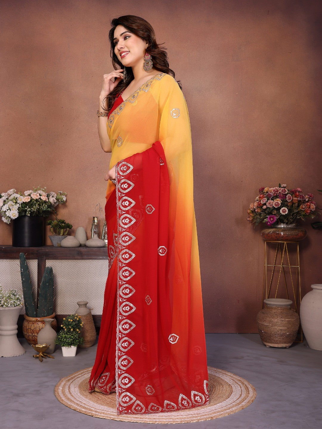 Red & Yellow Georgette Party Wear Saree with Designer Embroidered Border - Image 4
