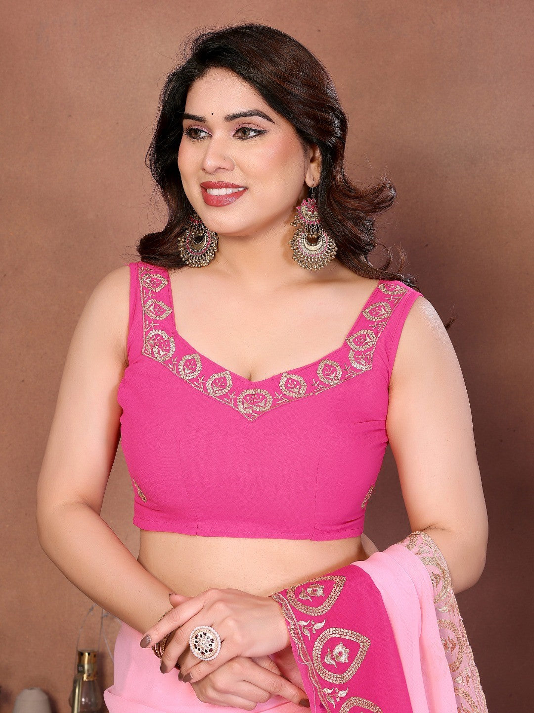 Pink Georgette Party Wear Saree with Designer Embroidered Border - Image 3
